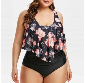 New Amazon High Waist Swimwear Tankini & Bottom Set Ruffles Swimsuit Size 2XL